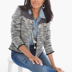 Chico's Blue and White Pieced Detail Textured Jacket